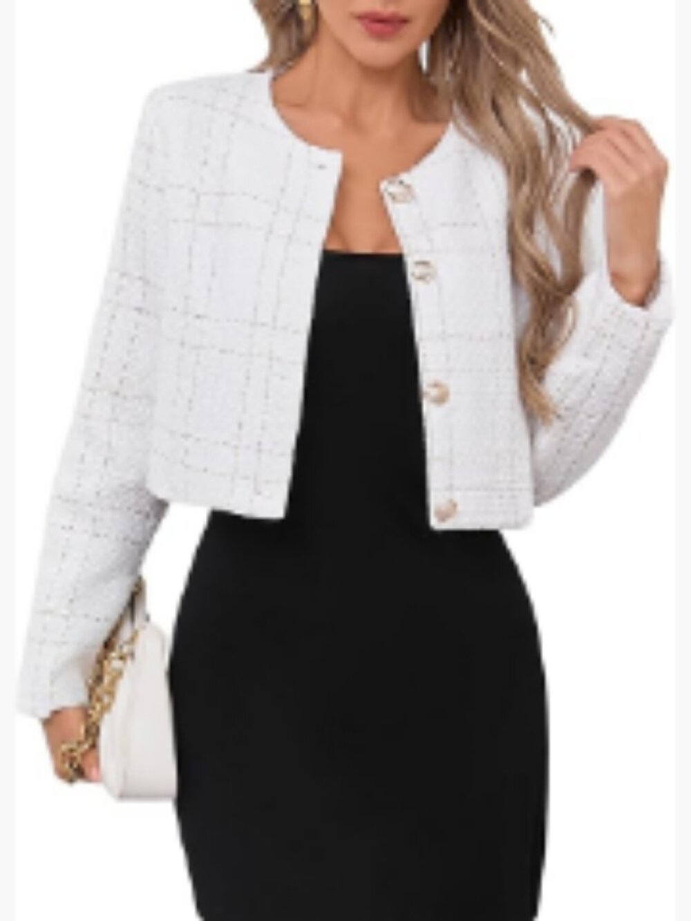Polyester Tweed Crop Jacket Long Sleeve Button Down Casual